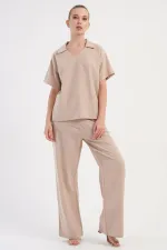 Mısırlı Kadın Pamuklu Dokuma Kısa Kollu Takım Bej