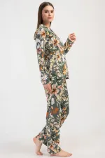 Ensemble pyjama vert en coton à manches longues pour femme, motif floral, style égyptien.