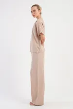 Mısırlı Kadın Pamuklu Dokuma Kısa Kollu Takım Bej