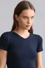 Débardeur/T-shirt à col V bleu marine en modal égyptien TENCEL VICTORIA