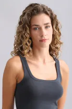 Mısırlı Modal By TENCEL U HELEN Kalın Askılı Crop / T-Shirt Antrasit