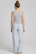 Ensemble pyjama rayé en coton pour femme, gris/bleu, style égyptien Ensemble pyjama rayé en coton pour femme, gris/bleu, style égyptien