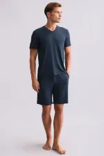 T-shirt égyptien pour homme, col en V, modal, bleu marine