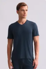 T-shirt égyptien pour homme, col en V, modal, bleu marine
