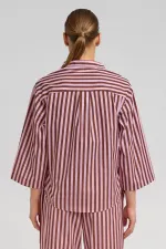 Kadın Pamuklu Poplin Çizgili Gömlek Kahverengi/Pembe