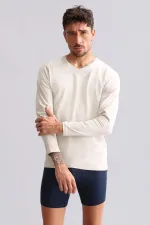 Mısırlı Modal By TENCEL HERCULES Slim Fit V Yaka Uzun Kollu Fanila / T-Shirt Toprak Bej