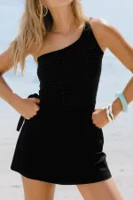 Maillot de bain une pièce noir à une épaule orné de broderies égyptiennes