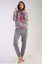 Mısırlı Kadın Polar Yılbaşı Temalı Kapüşonlu Pijama Takımı Gri