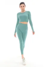 Mısırlı Kadın Uzun Kollu Spor Tayt Takımı Çağla Yeşili