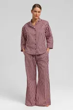 Kadın Pamuklu Poplin Çizgili Gömlek Kahverengi/Pembe