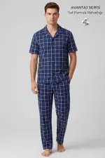 Mısırlı Erkek Pamuk Ekoseli Gömlek Pijama Takım Lacivert