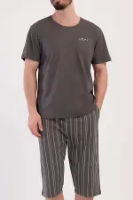 Mısırlı Erkek Pamuklu Çizgili Kısa Kollu Kapri Takım Füme