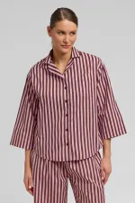 Kadın Pamuklu Poplin Çizgili Gömlek Kahverengi/Pembe
