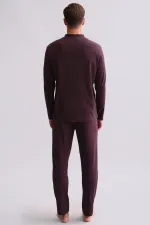 Mısırlı Men's Cotton Long-Sleeve Mandarin Collar Pajama Set Burgundy