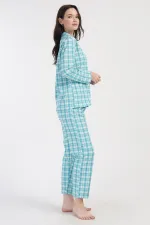 Ensemble pyjama bleu à manches longues en coton à carreaux bicolore pour femme, style égyptien