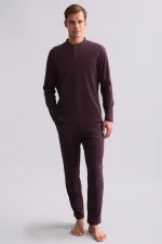 Mısırlı Men's Cotton Long-Sleeve Mandarin Collar Pajama Set Burgundy