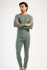 Men's Crew Neck Long-Sleeve Undershirt Set, Khaki