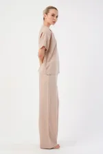 Mısırlı Kadın Pamuklu Dokuma Kısa Kollu Takım Bej