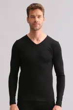 Sous-vêtement thermique en bambou égyptien à col en V et manches longues, noir