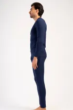 Ensemble de sous-vêtements pour homme, col rond et manches longues, bleu marine