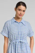 Kadın Pamuk Ekoseli Düğmeli Elbise Açık Mavi