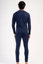 Ensemble de sous-vêtements pour homme, col rond et manches longues, bleu marine