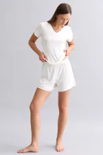 Mısırlı Kadın Saten T-Shirt Şort Takım Ekru