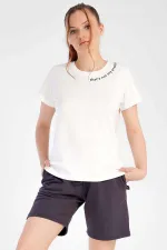 Kadın Pamuklu Kısa Kol Şort Takımı Beyaz