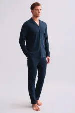 Ensemble pyjama chemise en coton pour homme, bleu marine, style égyptien