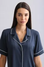 Chemise égyptienne à manches courtes en modal, bleu marine