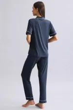 Chemise égyptienne à manches courtes en modal, bleu marine