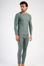 Men's Crew Neck Long-Sleeve Undershirt Set, Khaki