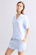 Mısırlı Kadın Pamuk Ekoseli Gömlek Şort Takım Açık Mavi