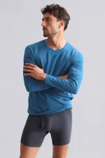 Mısırlı Modal By TENCEL HERCULES Slim Fit V Yaka Uzun Kollu Fanila / T-Shirt Petrol Mavisi