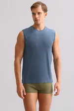 Débardeur/T-shirt de sport bleu marine à col rond, coupe classique, en bambou égyptien Zeus Luxury