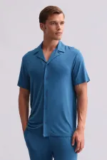 Chemise égyptienne pour homme en modal à manches courtes, bleu marine foncé