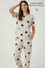 Pamuklu Kısa Kollu Tişört Pantolon Takım Bej