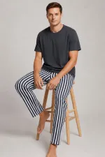 Mısırlı Erkek Pamuk Çizgili Pijama Takım Antrasit
