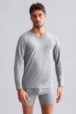 Débardeur/T-shirt à manches longues et col en V, coupe ajustée, en modal égyptien HERCULES de TENCEL, gris chiné