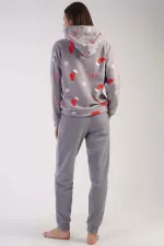 Mısırlı Kadın Polar Yılbaşı Temalı Kapüşonlu Pijama Takımı Gri