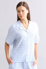 Mısırlı Kadın Pamuk Ekoseli Gömlek Şort Takım Açık Mavi