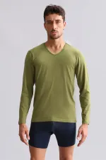 Mısırlı Modal By TENCEL HERCULES Slim Fit V-Neck Long-Sleeve Undershirt/T-Shirt Khaki
