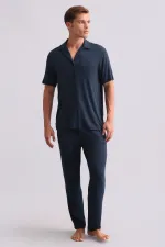 Chemise égyptienne pour homme en modal à manches courtes, bleu marine