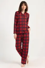 Mısırlı Kadın Pamuklu Ekoseli Uzun Kollu Gömlek Pijama Takımı Kırmızı