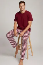Mısırlı Erkek Pamuk Çizgili Pijama Takım Bordo