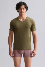 Mısırlı Modal By TENCEL HERCULES Slim Fit V Yaka Fanila / T-Shirt Koyu Haki