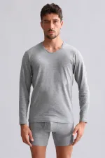 Débardeur/T-shirt à manches longues et col en V, coupe ajustée, en modal égyptien HERCULES de TENCEL, gris chiné