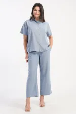Mısırlı Kadın Pamuklu Dokuma Kısa Kollu Gömlek Takım Açık Mavi