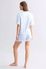 Mısırlı Kadın Pamuk Ekoseli Gömlek Şort Takım Açık Mavi