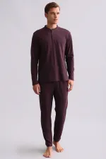 Mısırlı Men's Cotton Long-Sleeve Mandarin Collar Pajama Set Burgundy